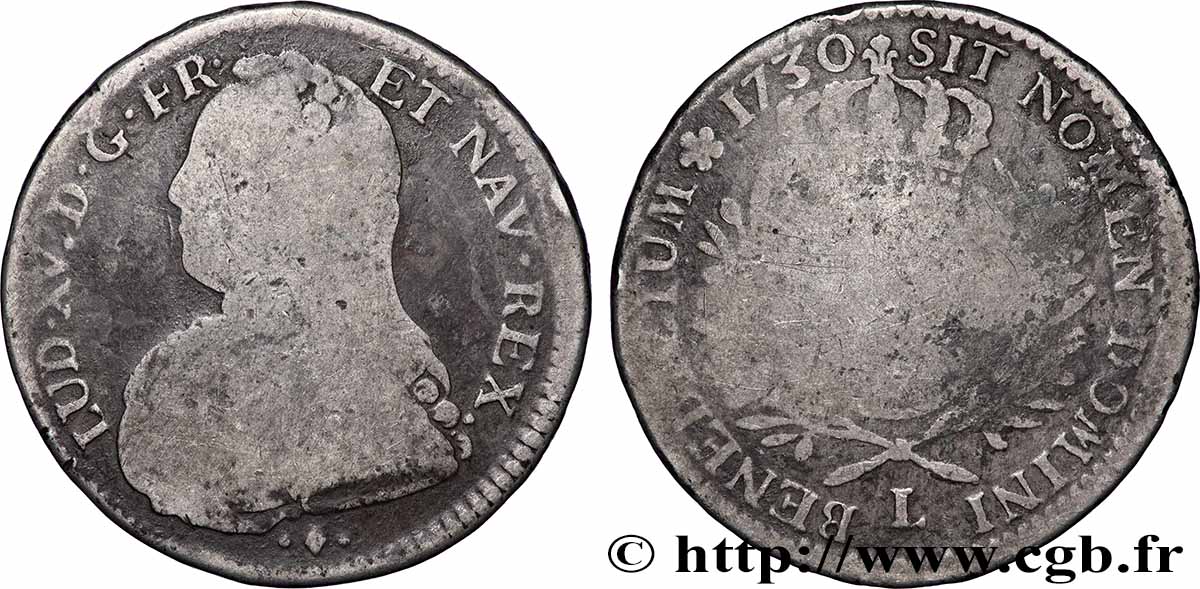 LOUIS XV DIT LE BIEN AIMÉ Demi-écu aux branches d&nbsp;olivier, buste habillé 1730 Bayonne B+