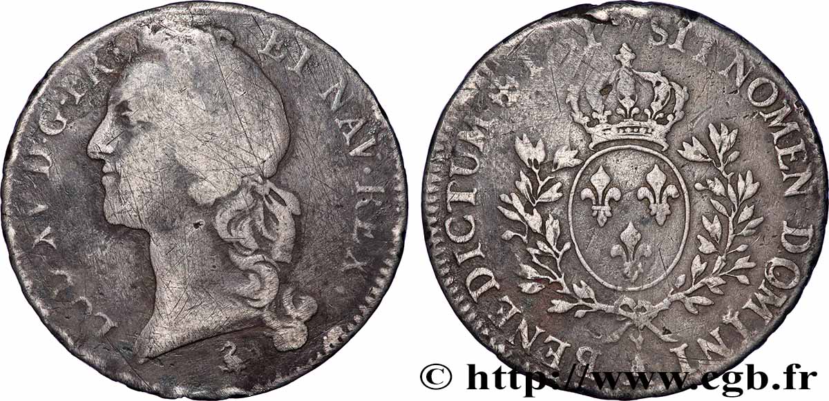 LOUIS XV DIT LE BIEN AIMÉ Écu aux branches d’olivier, tête ceinte d’un bandeau 1751 Paris TB