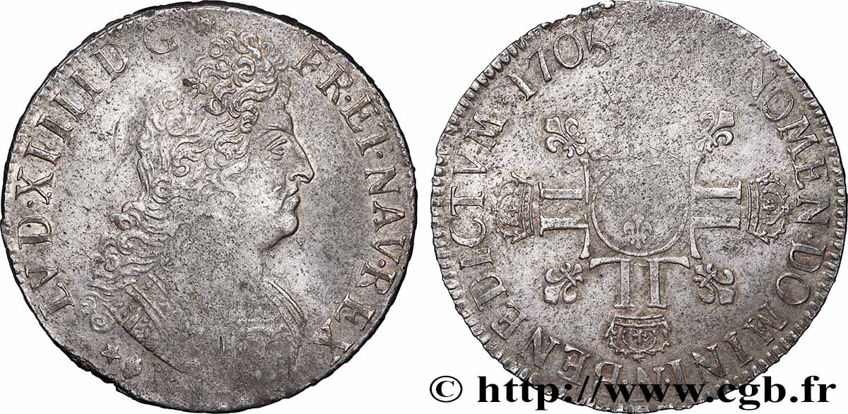 LOUIS XIV &nbsp;THE SUN KING&nbsp; Écu aux huit L, 2e type 1705 Montpellier XF