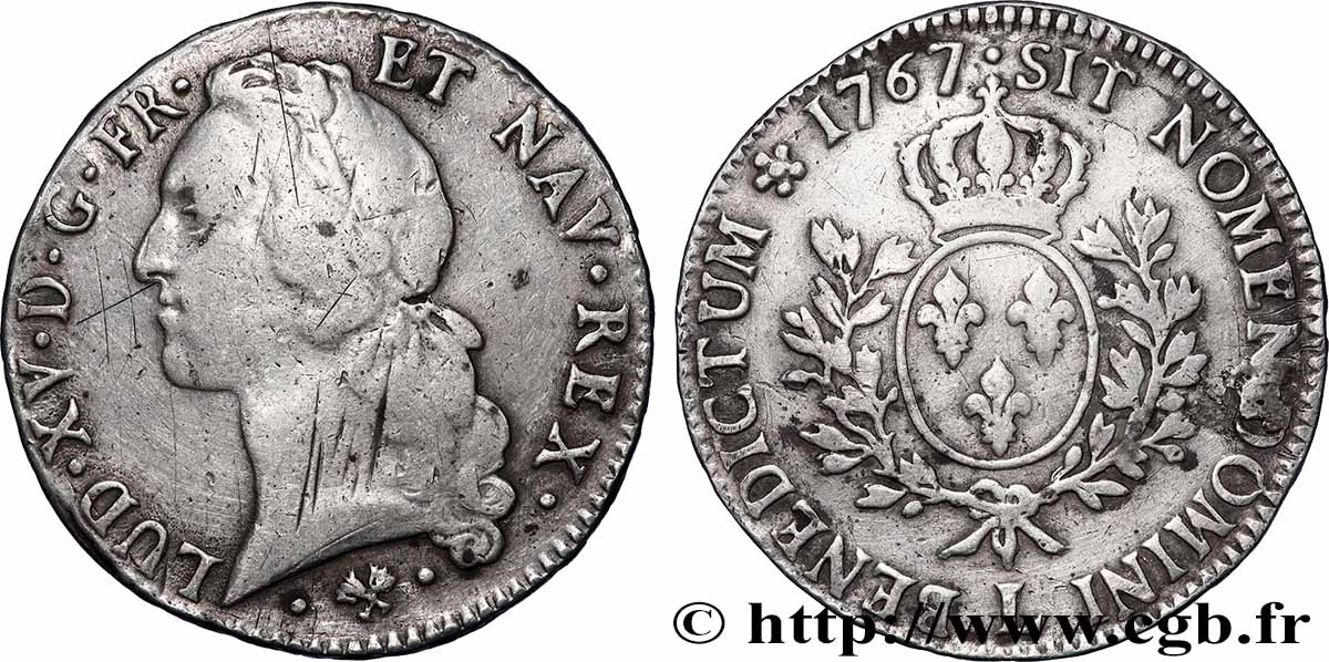 LOUIS XV DIT LE BIEN AIMÉ Écu aux branches d’olivier, tête ceinte d’un bandeau 1767 Bayonne TB