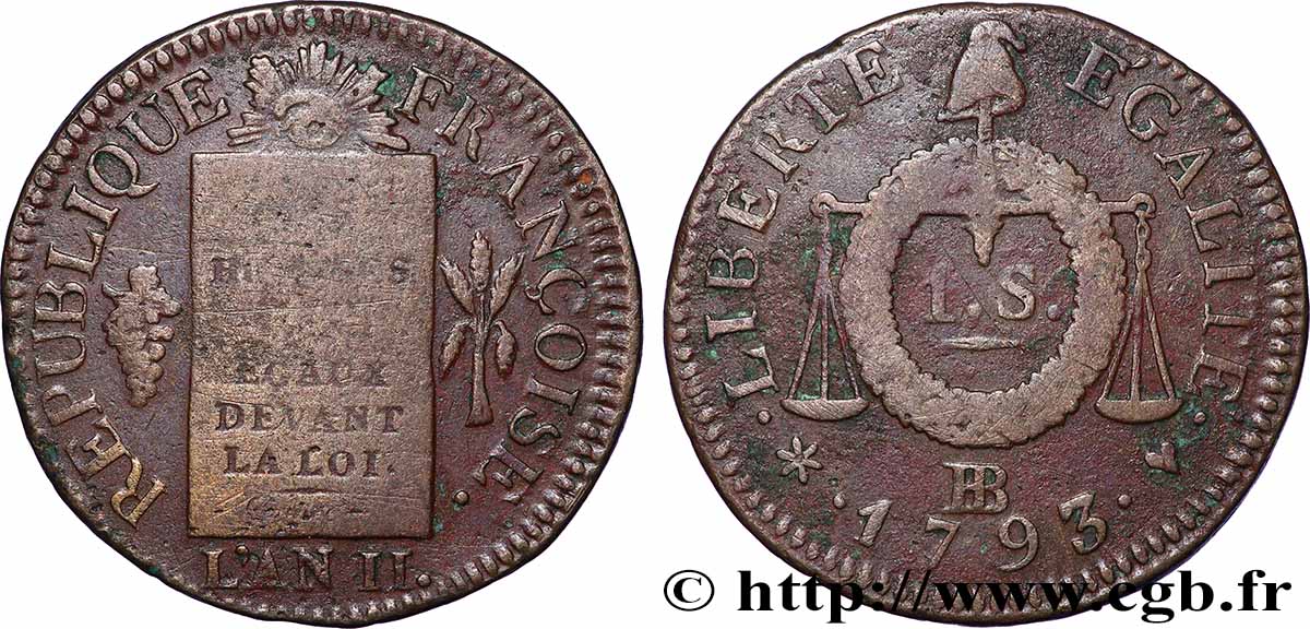 LA CONVENTION 1 sol dit &nbsp;à la table de loi&nbsp; 1793 Strasbourg TB+