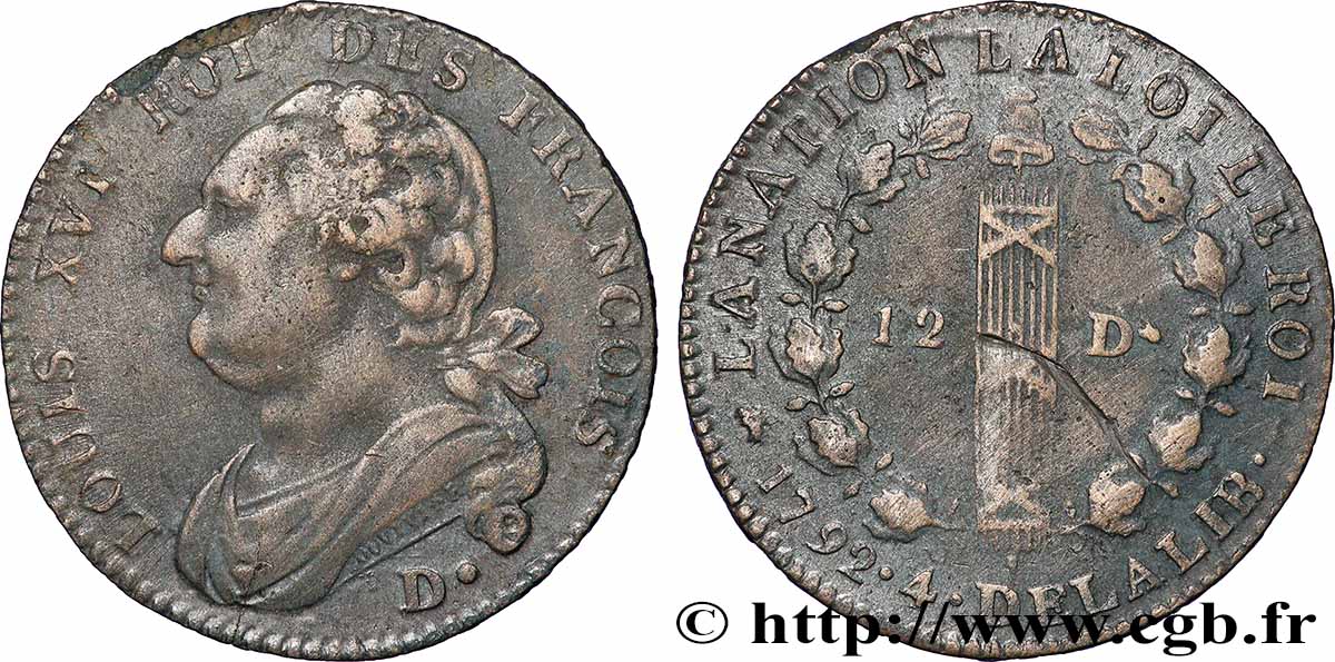 LOUIS XVI 12 deniers dit &nbsp;au faisceau&nbsp;, type FRANCOIS 1792 Dijon BC+/MBC
