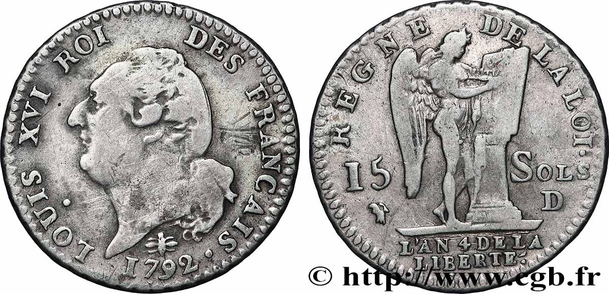 LOUIS XVI (MONARQUE CONSTITUTIONNEL)  15 sols dit &nbsp;au génie&nbsp;, type FRANCAIS 1792 Lyon TB+