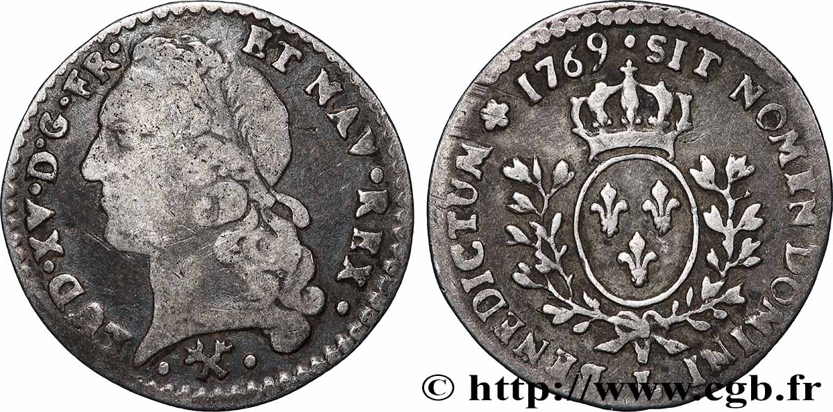 LOUIS XV DIT LE BIEN AIMÉ Vingtième d&nbsp;écu aux branches d’olivier, tête ceinte d’un bandeau 1769 Bayonne TB/TB+