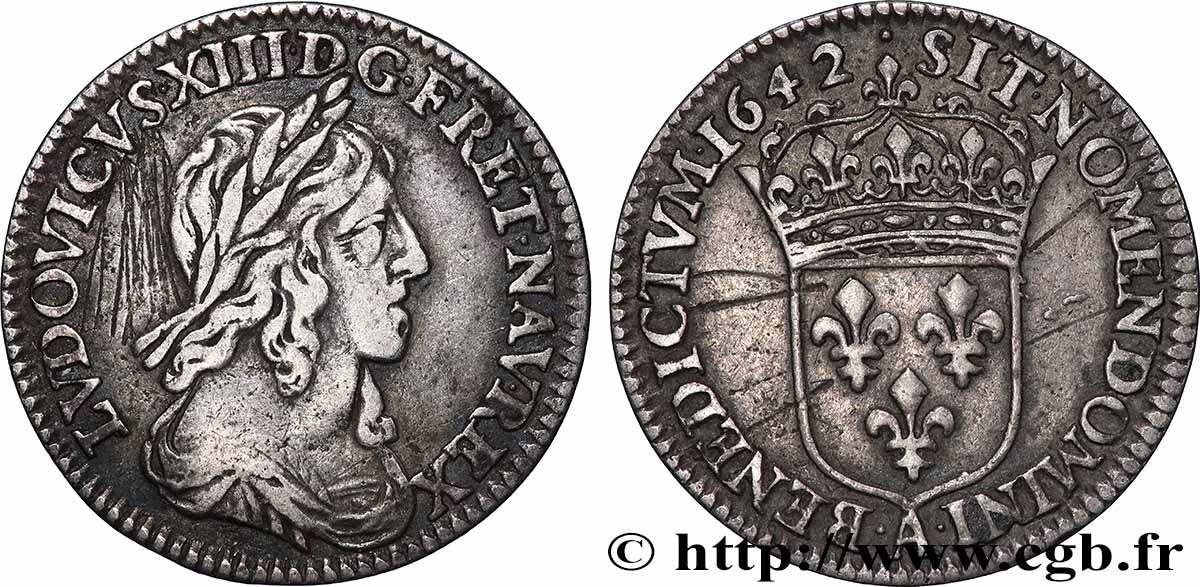 LOUIS XIII LE JUSTE Douzième d&nbsp;écu, buste drapé et cuirassé (2e buste de Jean Warin) 1642 Paris, Monnaie du Louvre TTB