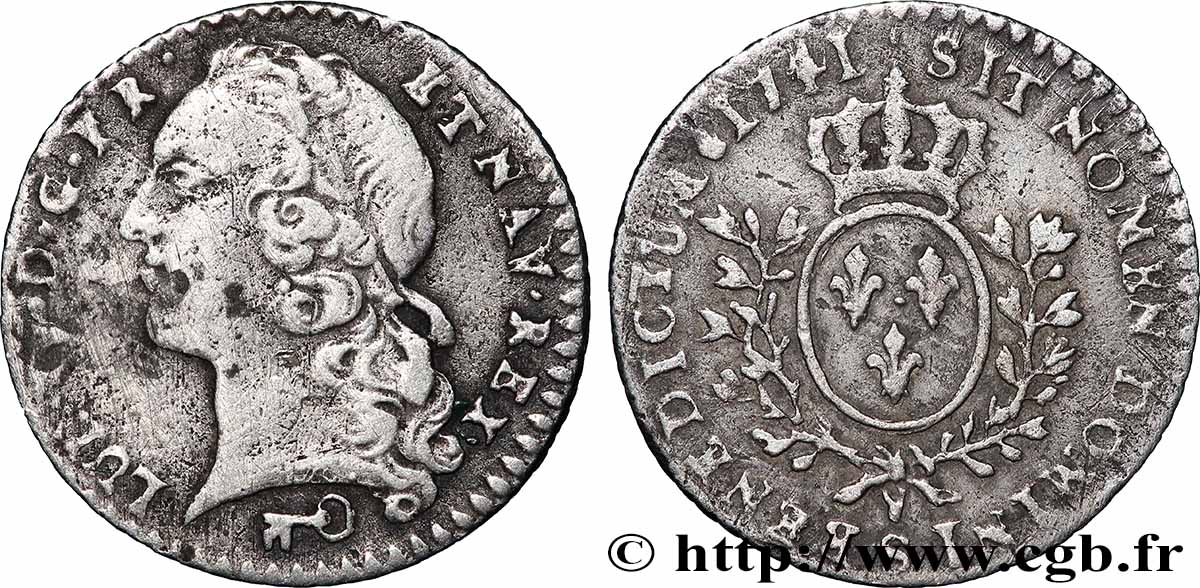 LOUIS XV DIT LE BIEN AIMÉ Vingtième d&nbsp;écu aux branches d’olivier, tête ceinte d’un bandeau 1741 Reims TTB