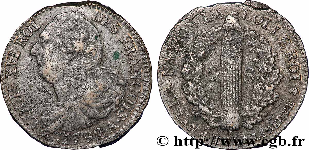 LOUIS XVI (MONARQUE CONSTITUTIONNEL)  2 sols dit &nbsp;au faisceau&nbsp;, type FRANÇOIS 1792 Paris TTB