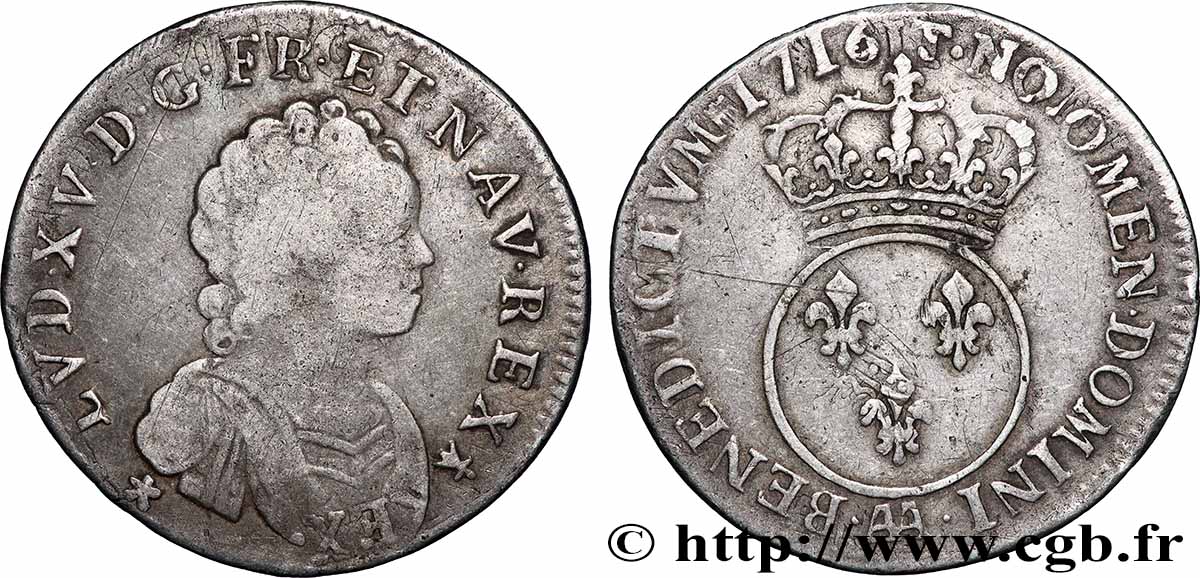 LOUIS XV &nbsp;THE WELL-BELOVED&nbsp; Quart d’écu à l’écu rond couronné 1716 Metz VF/VF