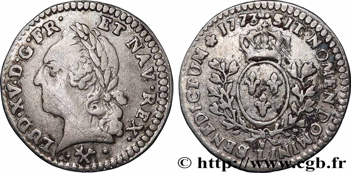 LOUIS XV DIT LE BIEN AIMÉ Vingtième d&nbsp;écu aux branches d’olivier, buste lauré 1773 Bayonne TB+