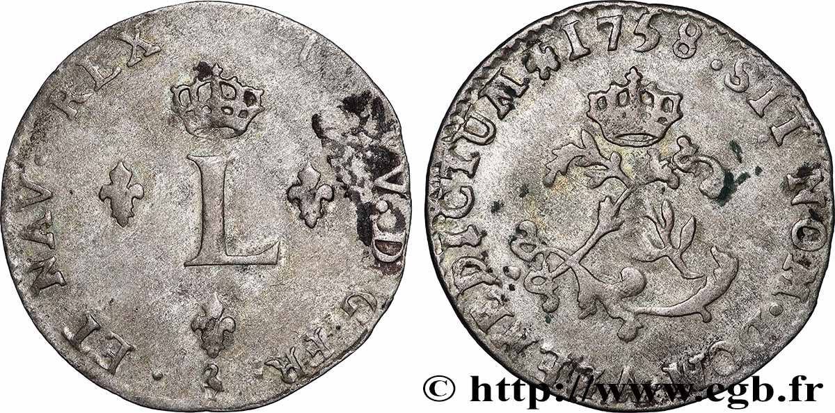 LOUIS XV DIT LE BIEN AIMÉ Double sol de billon 1758 Paris TTB