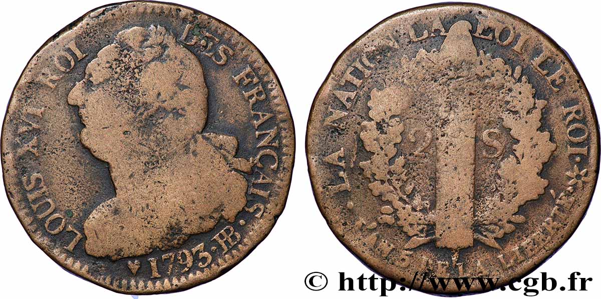 LOUIS XVI 2 sols dit &nbsp;au faisceau&nbsp;, type FRANÇAIS 1793 Strasbourg VF