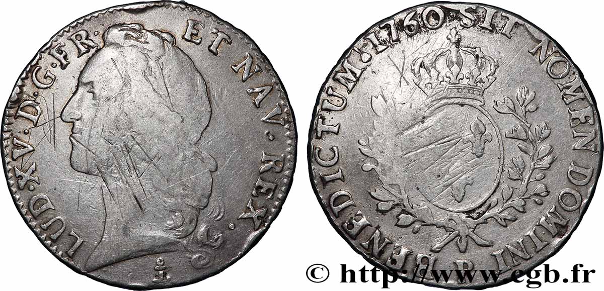 LOUIS XV DIT LE BIEN AIMÉ Écu aux branches d’olivier, tête ceinte d’un bandeau 1760 Dijon TB