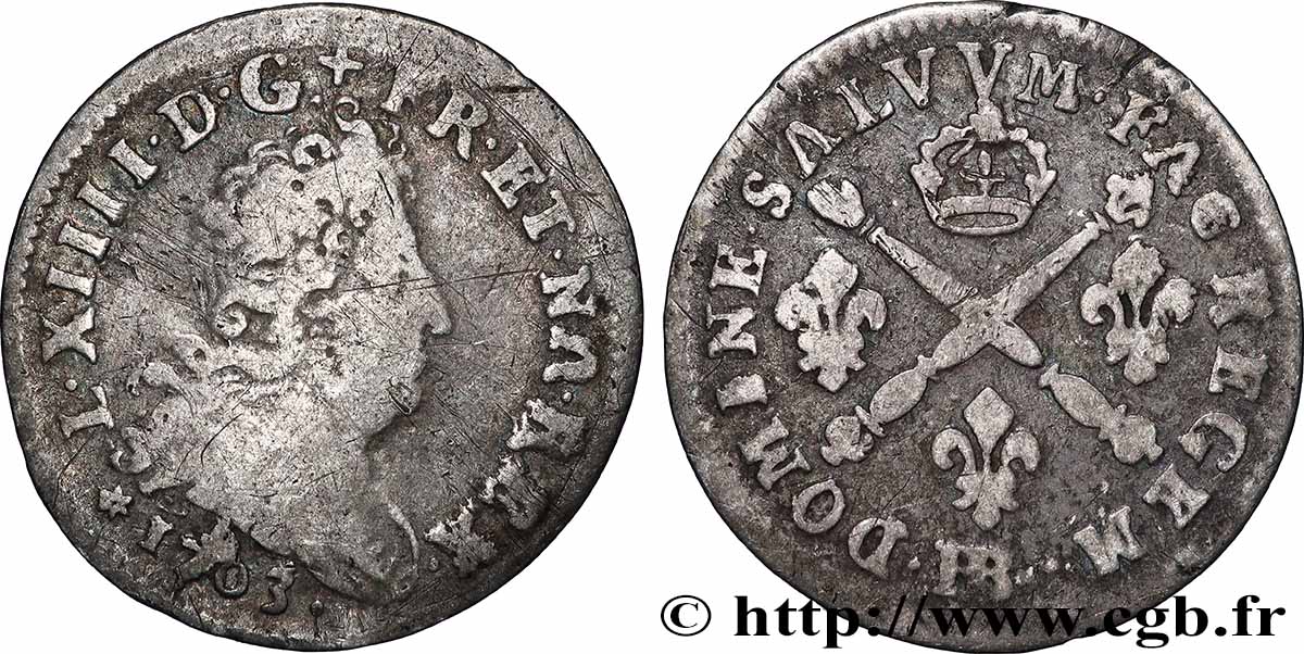 LOUIS XIV LE GRAND OU LE ROI SOLEIL Cinq sols aux insignes 1703 Strasbourg TB/TB+