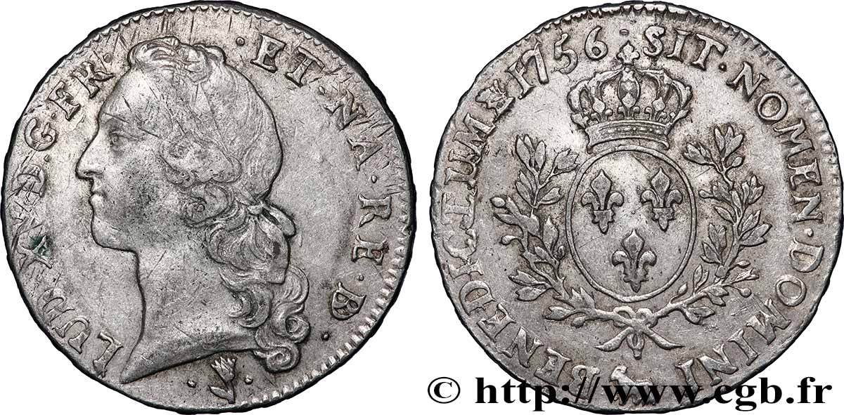 LOUIS XV DIT LE BIEN AIMÉ Écu aux branches d’olivier, tête ceinte d’un bandeau 1756 Pau TTB