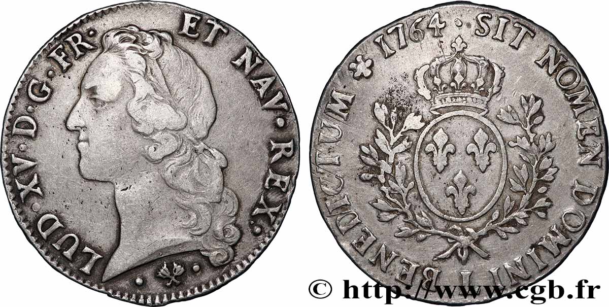 LOUIS XV DIT LE BIEN AIMÉ Écu aux branches d’olivier, tête ceinte d’un bandeau 1764 Bayonne TTB/TB+