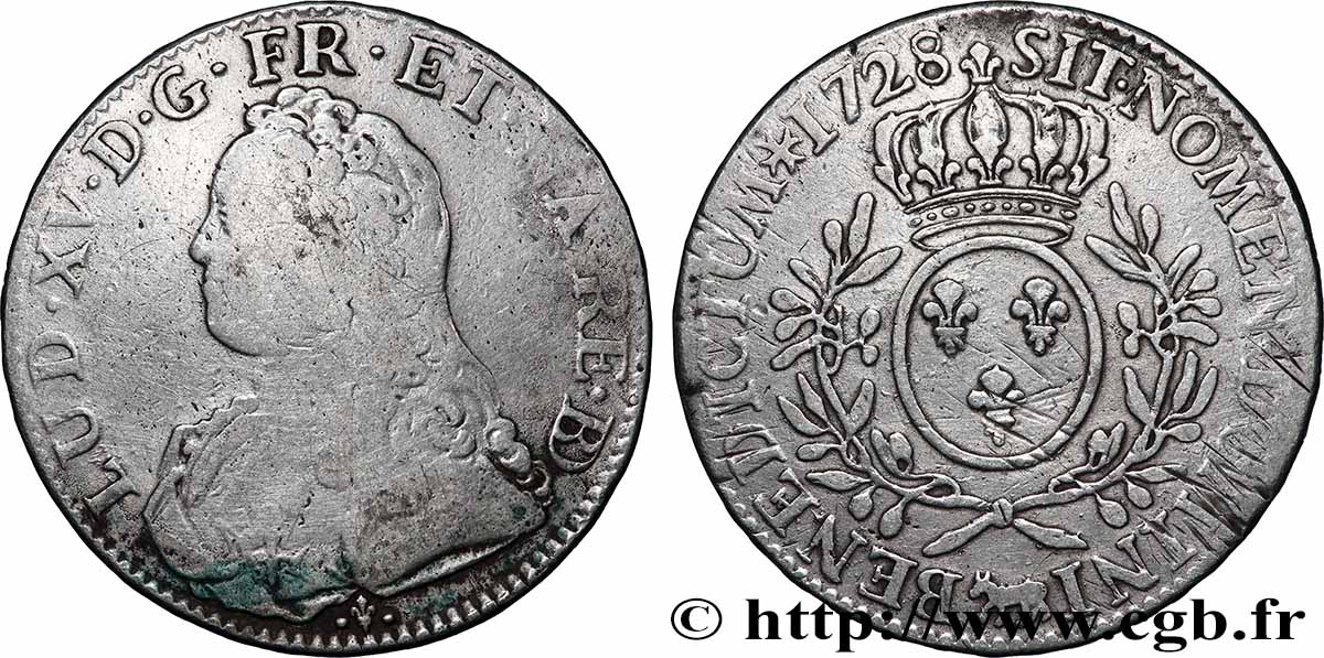 LOUIS XV DIT LE BIEN AIMÉ Écu aux branches d&nbsp;olivier, buste habillé 1728 Pau TB+