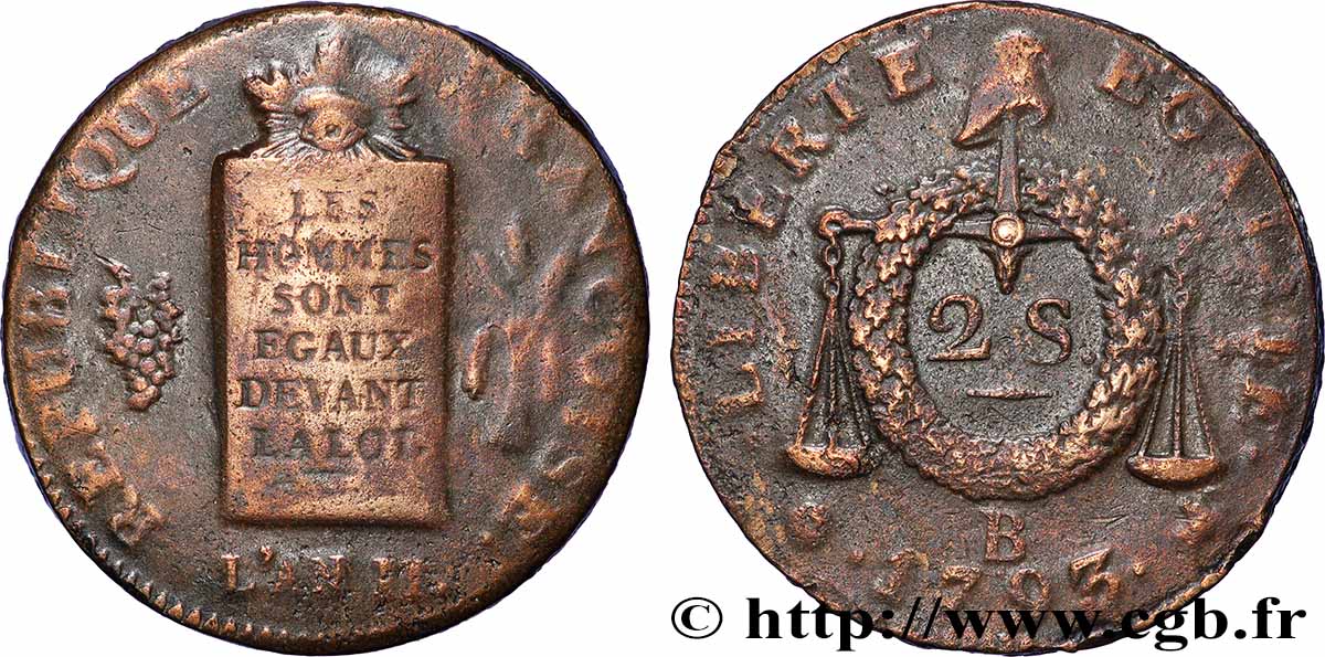 LA CONVENTION 2 sols dit &nbsp;à la table de loi&nbsp; 1793 Rouen TTB