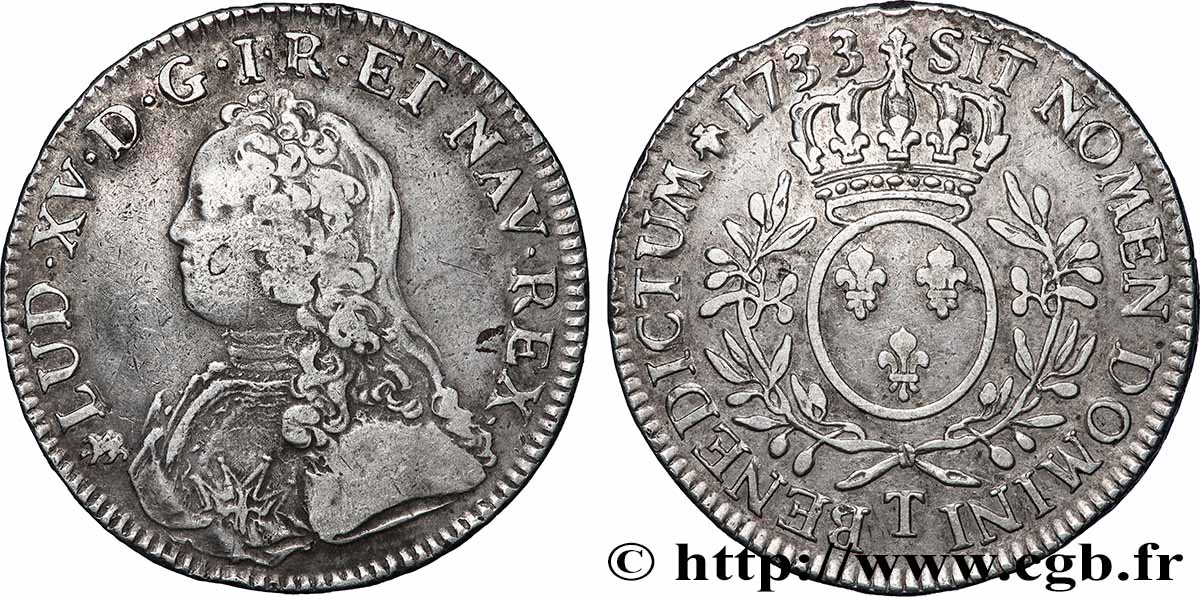 LOUIS XV DIT LE BIEN AIMÉ Écu aux branches d&nbsp;olivier, buste habillé 1733 Nantes TTB