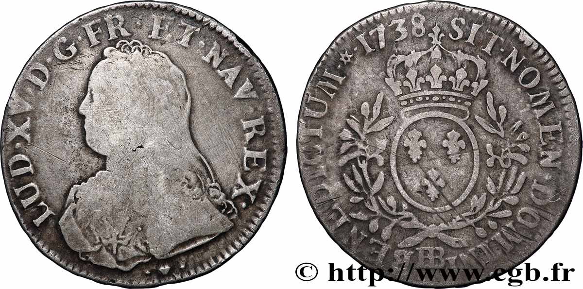 LOUIS XV DIT LE BIEN AIMÉ Écu aux branches d&nbsp;olivier, buste habillé 1738 Strasbourg TB