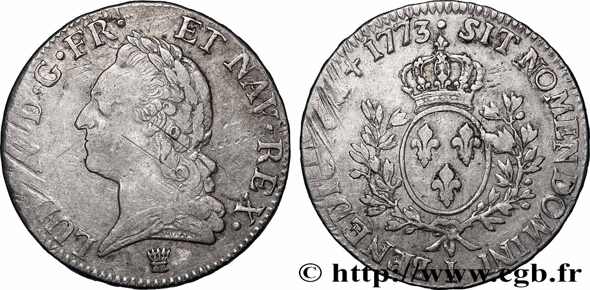 LOUIS XV DIT LE BIEN AIMÉ Écu aux branches d’olivier, buste lauré 1773 Limoges TB+