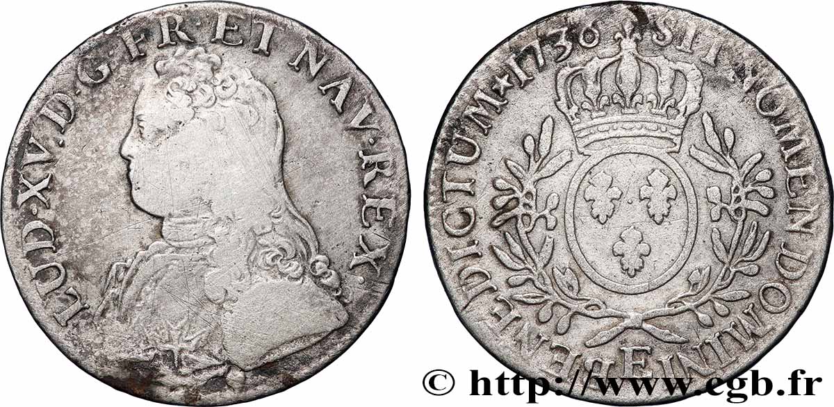 LOUIS XV DIT LE BIEN AIMÉ Écu aux branches d&nbsp;olivier, buste habillé 1736 Tours TB+