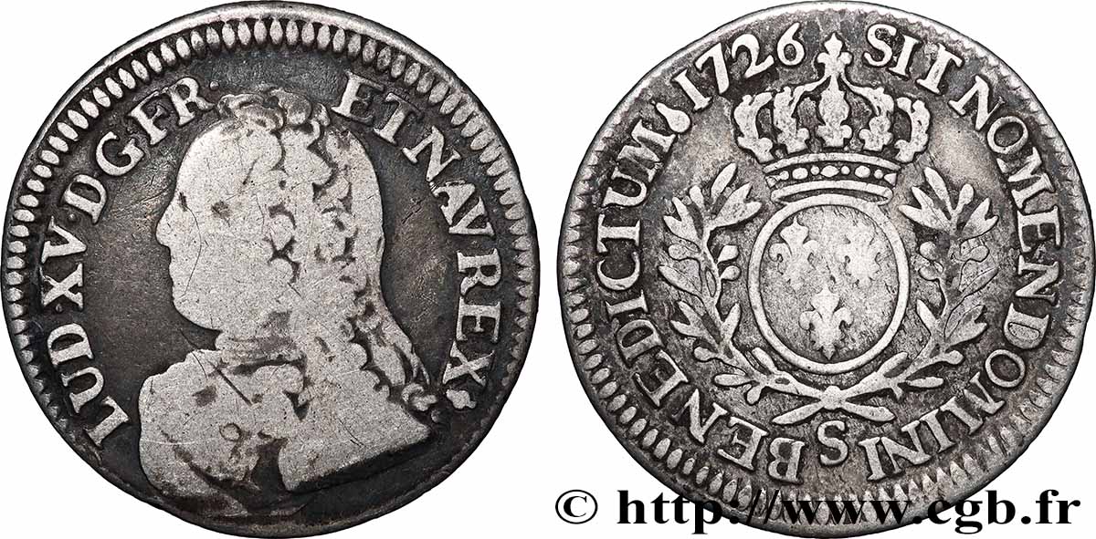 LOUIS XV DIT LE BIEN AIMÉ Cinquième d&nbsp;écu aux branches d&nbsp;olivier, buste habillé 1726 Reims TB