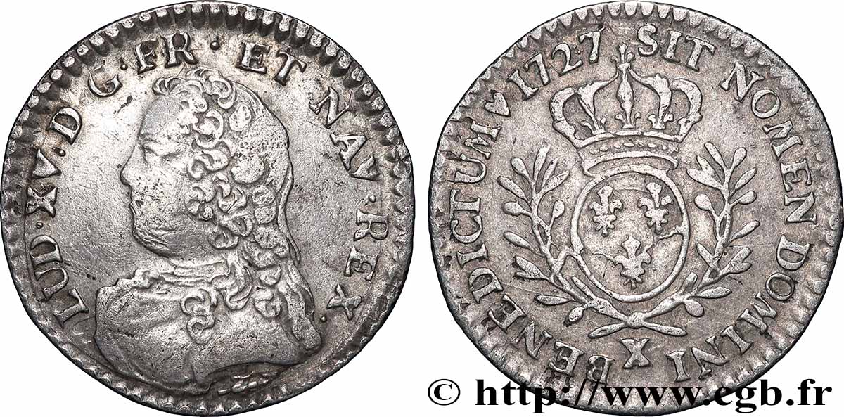 LOUIS XV DIT LE BIEN AIMÉ Vingtième d’écu aux branches d’olivier, buste habillé 1727 Amiens TTB
