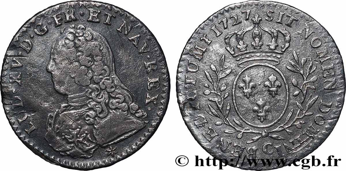 LOUIS XV DIT LE BIEN AIMÉ Dixième d’écu aux branches d’olivier, buste habillé 1727 Caen TTB