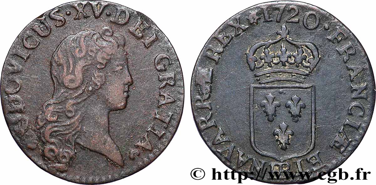 LOUIS XV DIT LE BIEN AIMÉ Liard au buste enfantin 1720 Strasbourg TTB
