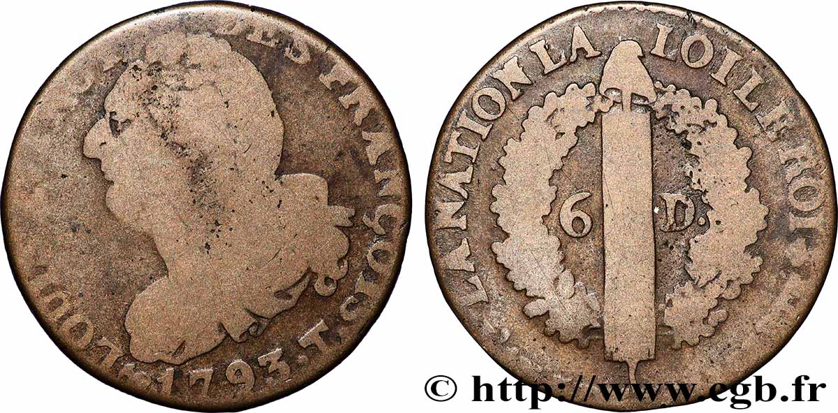 NATIONALKONVENT 6 deniers dit &nbsp;au faisceau&nbsp;, type FRANÇOIS 1793 Nantes fS