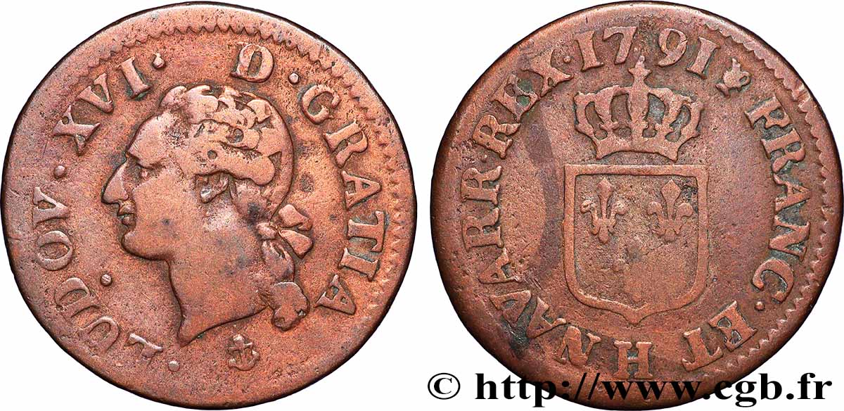 LOUIS XVI Liard dit “à l&nbsp;écu” 1791 La Rochelle fSS