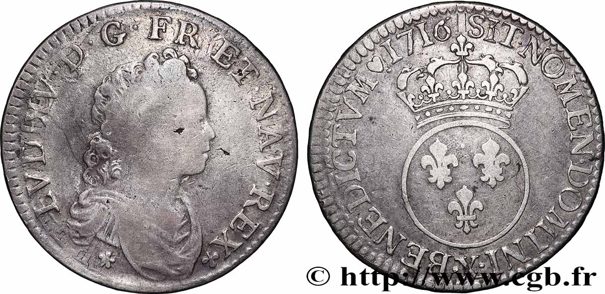 LOUIS XV &nbsp;THE WELL-BELOVED&nbsp; Demi-écu dit &nbsp;vertugadin&nbsp; 1716 Amiens S
