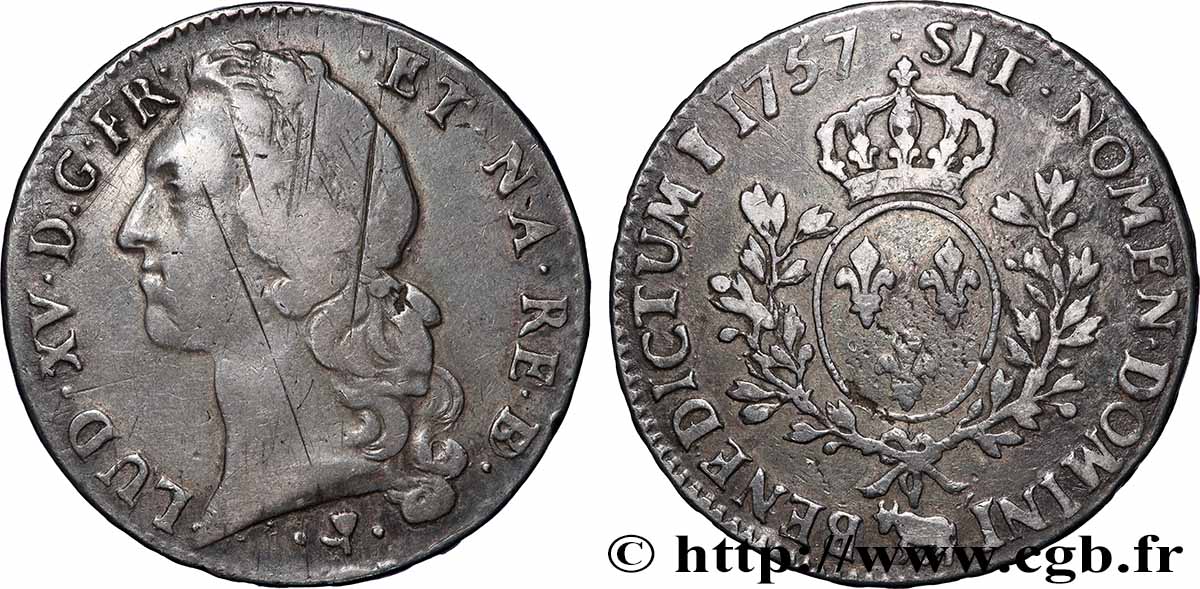 LOUIS XV &nbsp;THE WELL-BELOVED&nbsp; Écu aux branches d’olivier, tête ceinte d’un bandeau 1757 Pau fSS