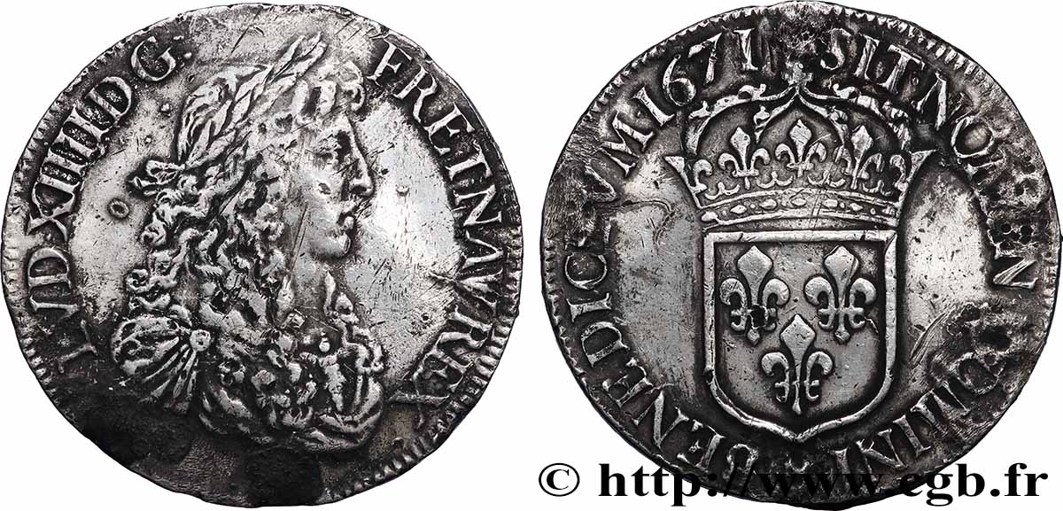 LOUIS XIV &nbsp;THE SUN KING&nbsp; Écu, portrait apollinien 1671 Rennes VF