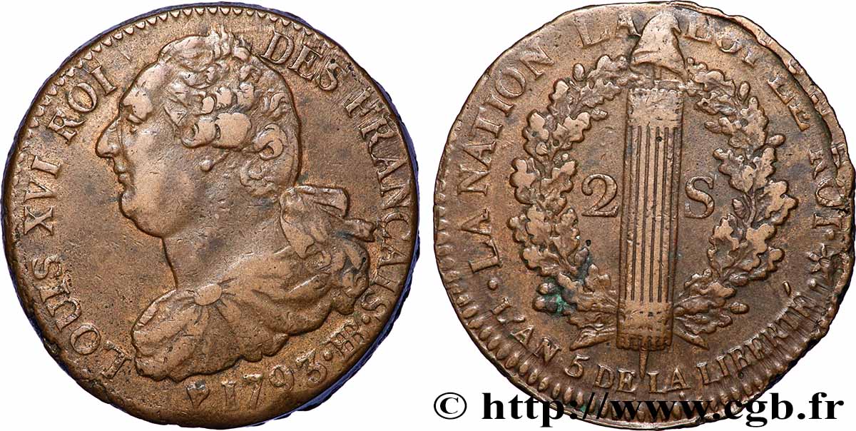 LOUIS XVI 2 sols dit &nbsp;au faisceau&nbsp;, type FRANÇAIS 1793 Strasbourg SS