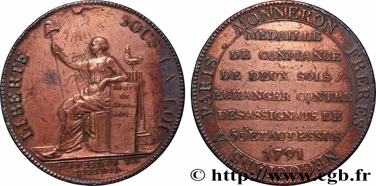 REVOLUTION COINAGE Monneron de 2 sols à la Liberté 1791 Birmingham, Soho SS