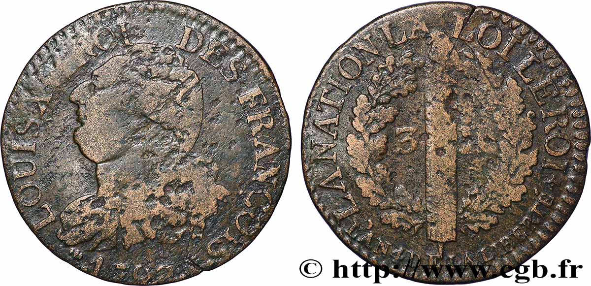 LOUIS XVI (MONARQUE CONSTITUTIONNEL)  3 deniers dit &nbsp;au faisceau&nbsp;, type FRANÇOIS 1792 Limoges TB