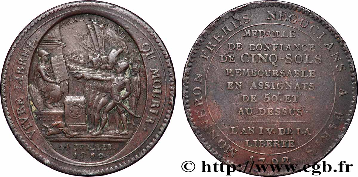REVOLUTION COINAGE / CONFIANCE (MONNAIES DE…) Monneron de 5 sols au serment (An IV), 3e type 1792 Birmingham, Soho XF