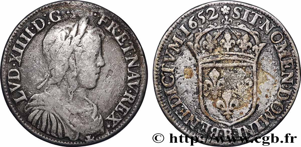 LOUIS XIV LE GRAND OU LE ROI SOLEIL Demi-écu, portrait à la mèche longue 1652 Rouen TB/TB+