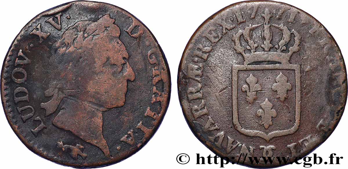 LOUIS XV DIT LE BIEN AIMÉ Sol dit &nbsp;à la vieille tête&nbsp; 1771 Besançon TB