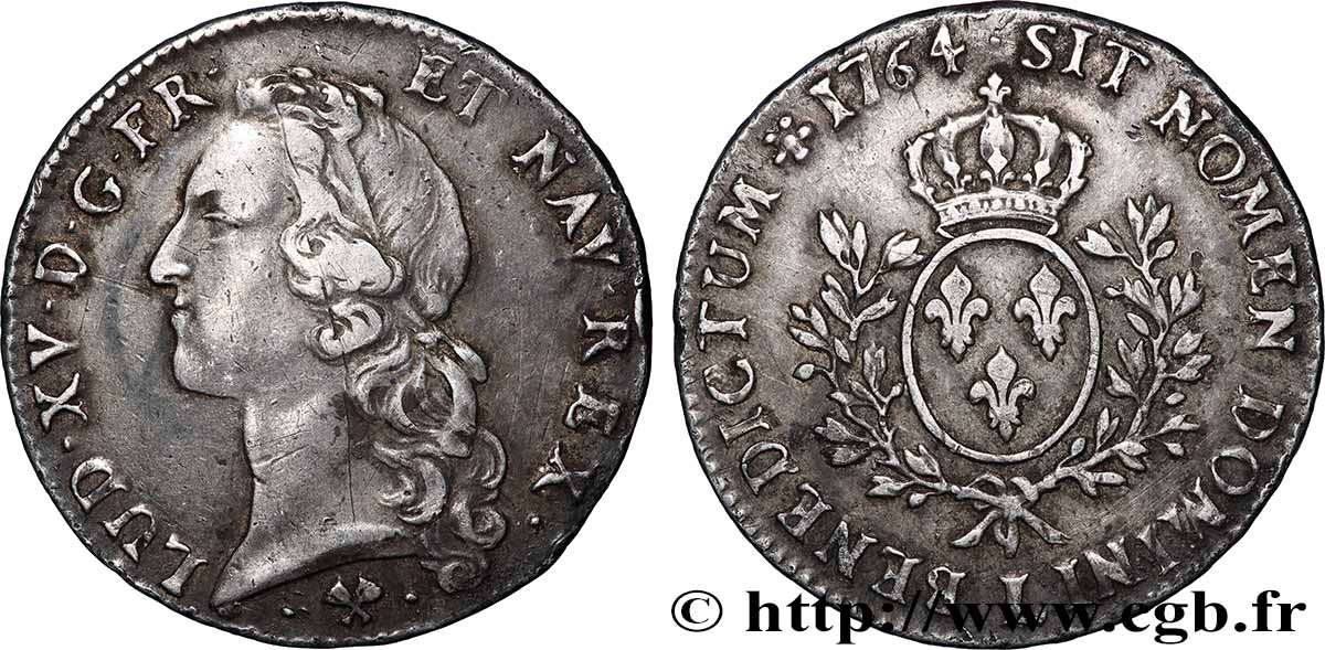 LOUIS XV DIT LE BIEN AIMÉ Écu aux branches d’olivier, tête ceinte d’un bandeau 1764 Bayonne TTB