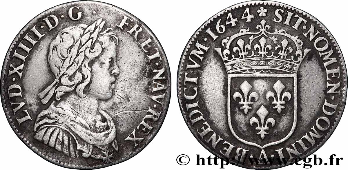 LOUIS XIV LE GRAND OU LE ROI SOLEIL Quart d&nbsp;écu, portrait à la mèche courte 1644 Paris, Monnaie de Matignon TB+/TTB