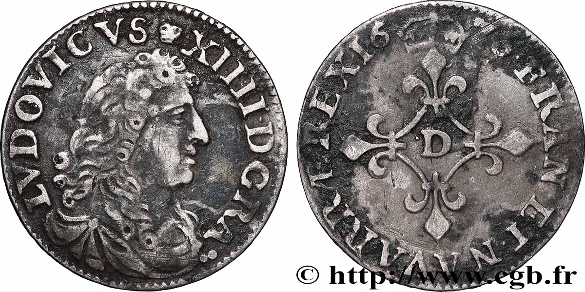 LOUIS XIV LE GRAND OU LE ROI SOLEIL Quatre sols à la croix formée de lis 1676 Vimy-en-Lyonnais (actuellement Neuville-sur-Saône) TTB