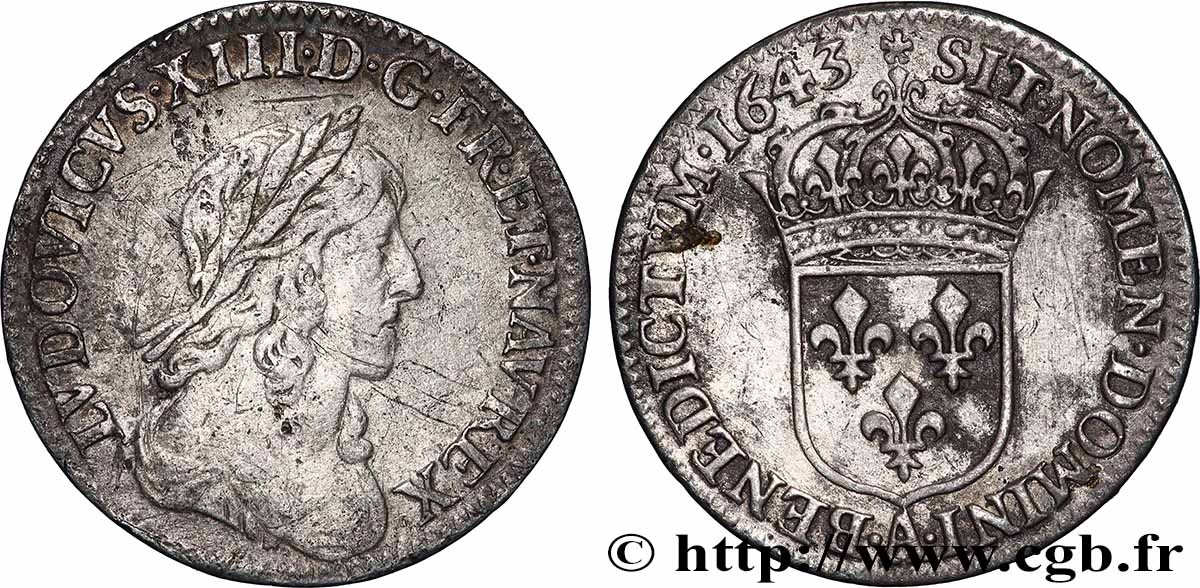 LOUIS XIII LE JUSTE Douzième d&nbsp;écu, buste drapé et cuirassé (2e buste de Jean Warin) 1643 Paris, Monnaie du Louvre TB+/TTB
