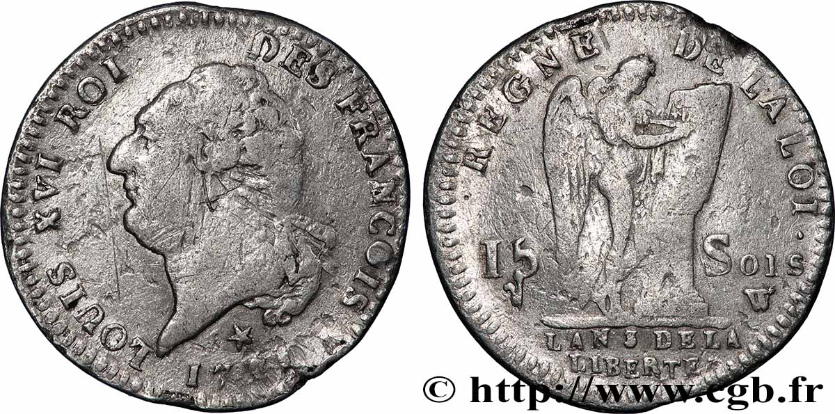 LOUIS XVI (MONARQUE CONSTITUTIONNEL)  15 sols dit &nbsp;au génie&nbsp;, type FRANÇOIS 179[?] Lille TB