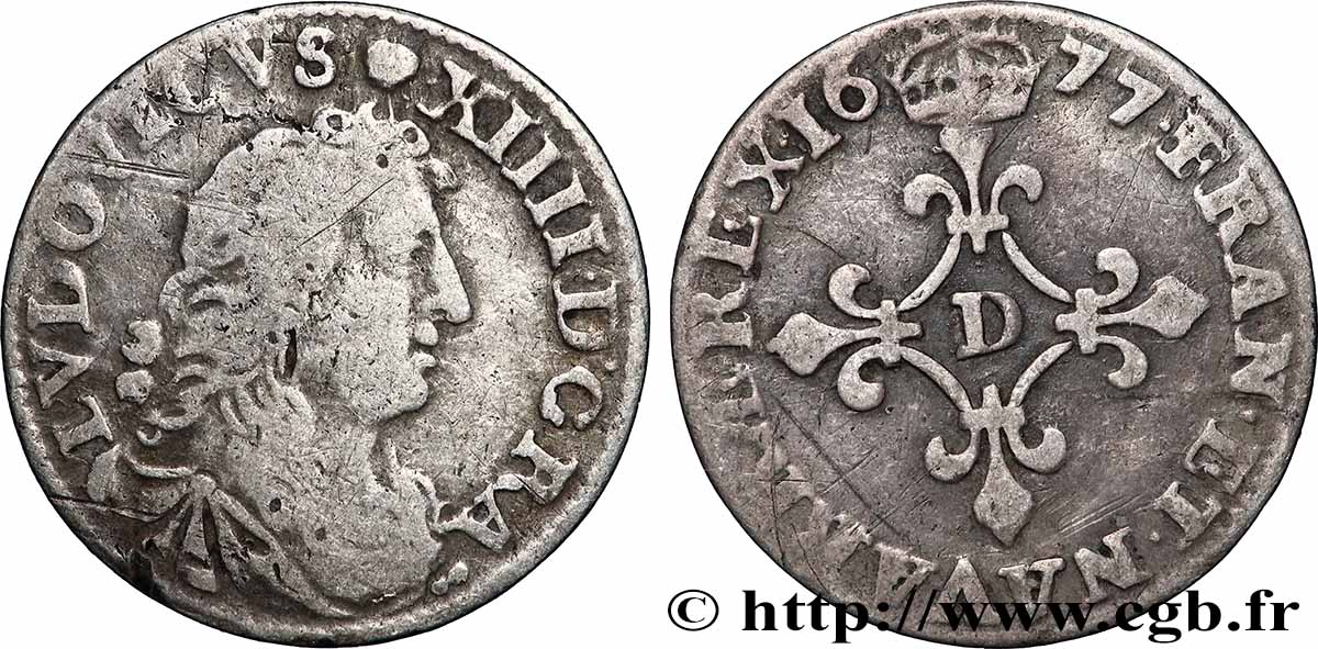 LOUIS XIV LE GRAND OU LE ROI SOLEIL Quatre sols à la croix formée de lis 1677 Vimy-en-Lyonnais (actuellement Neuville-sur-Saône) TB+