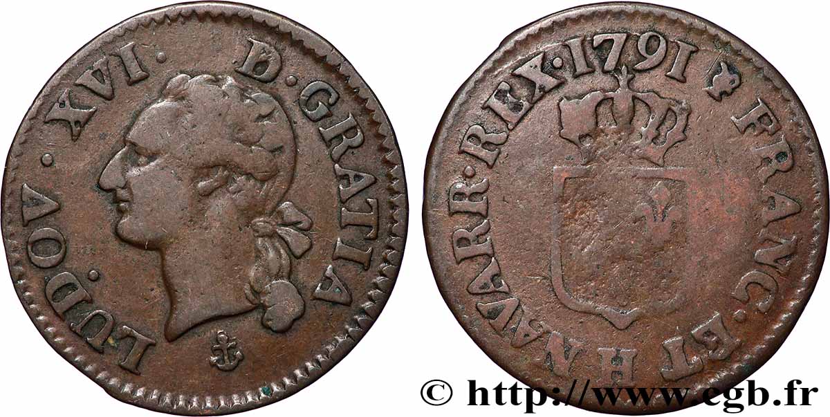 LOUIS XVI Liard dit “à l&nbsp;écu” 1791 La Rochelle TB+