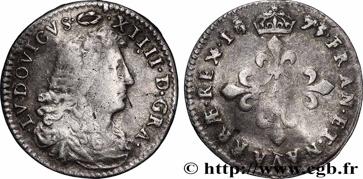 LOUIS XIV LE GRAND OU LE ROI SOLEIL Quatre sols à la croix formée de lis 1675 Paris TB+