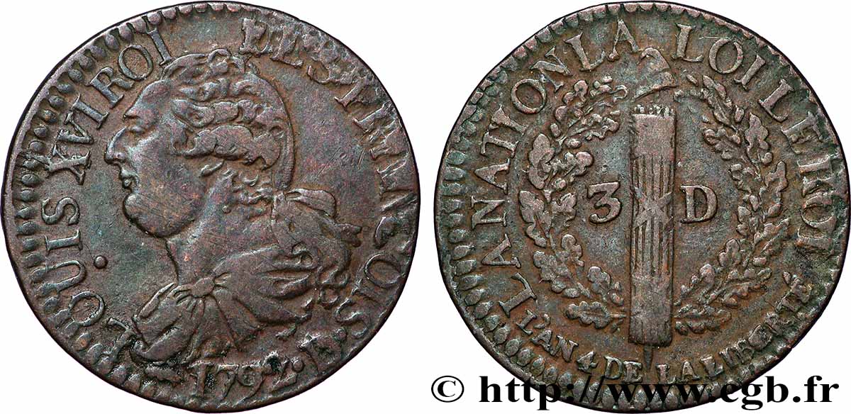 LOUIS XVI (MONARQUE CONSTITUTIONNEL)  3 deniers dit &nbsp;au faisceau&nbsp;, type FRANCOIS 1792 Lyon TTB