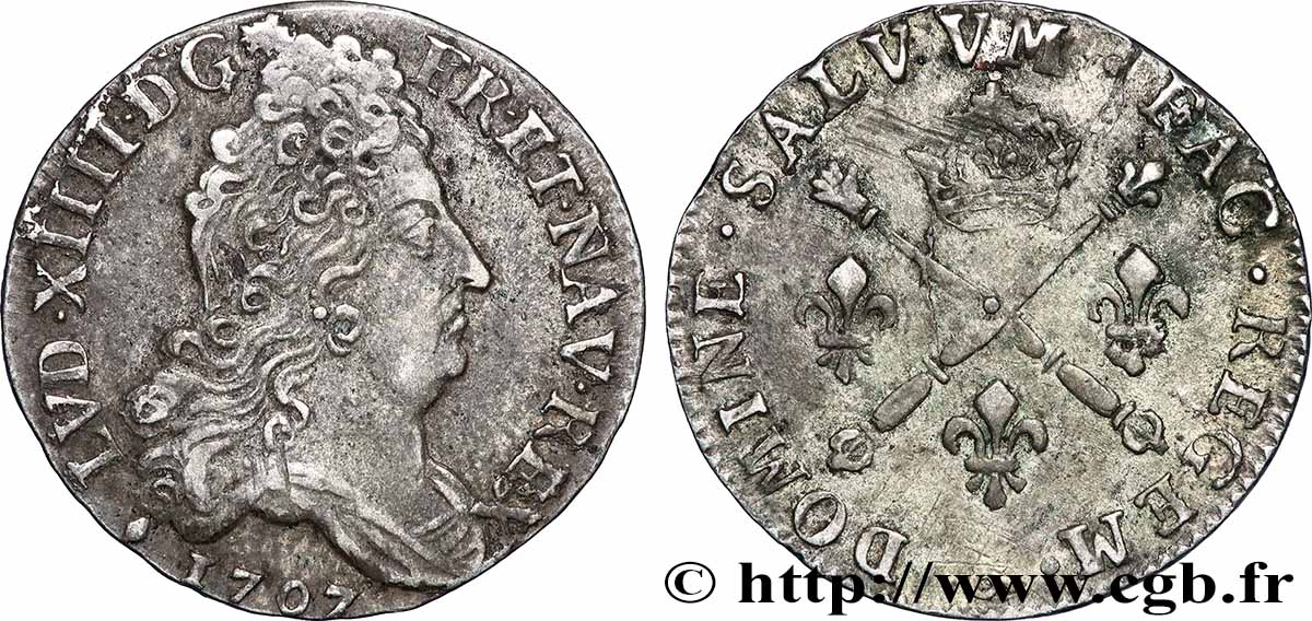 LOUIS XIV LE GRAND OU LE ROI SOLEIL 10 sols aux insignes 1707 Aix-en-Provence TTB/TB+